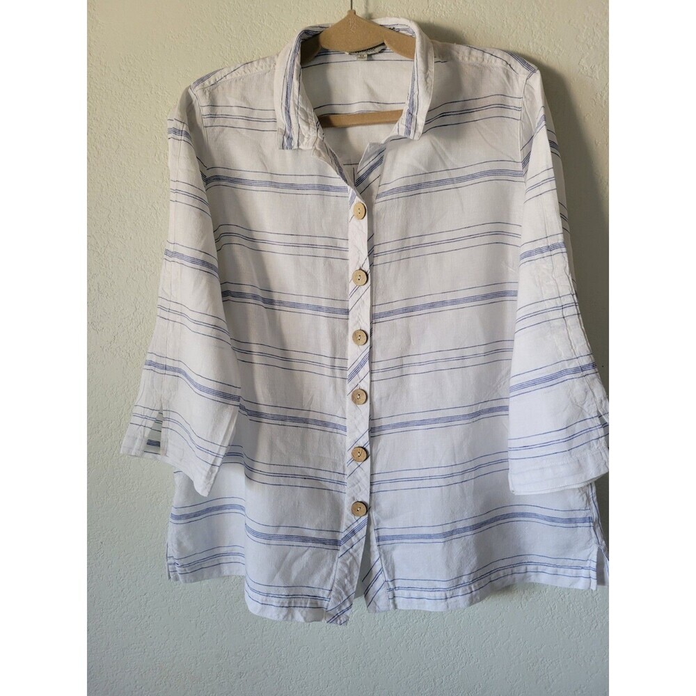 John Mark Women White Blue Striped 100% Linen  Peplum Blouse Size M